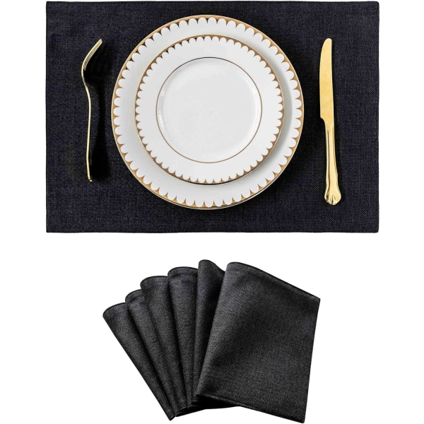 Linne bordstabletter set om 2, 48 cm x 33 cm, värmebeständig, tvättbar, halkfri, för bordsdekoration, kök, restaurang, svart