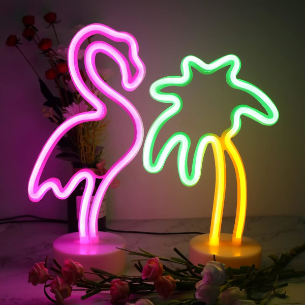 2 förpackningar Neon väggdekorationslampor USB/batteridrivna neonlampor för sovrumsflickor Barn Födelsedagsfest Jul (Flamingo & Palm)