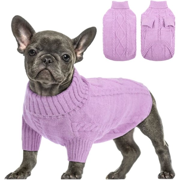 Sweater med lille hundetrøje, kabelstrik til koldt vejr, klassisk rullekrave tykt varmt tøj til Chihuahua, Bulldog, Gravhund, Mops (Lilla, X-Large)