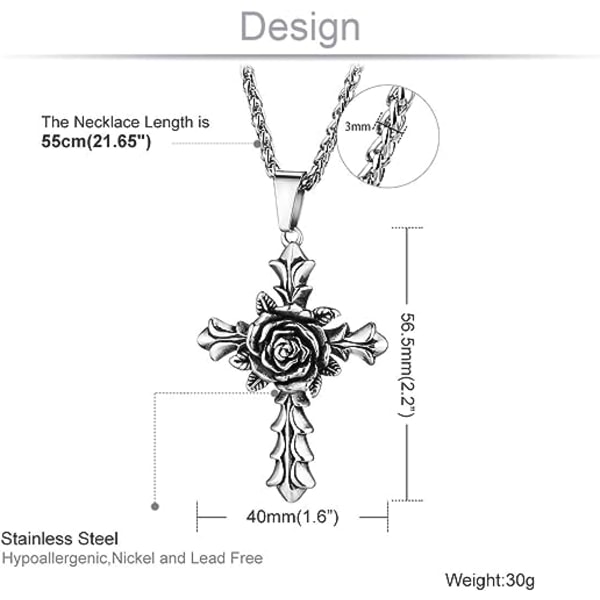 Rosenkorshänge Halsband för Kvinnor Rostfritt Stål Länk Kedja Smycken 21.65\"