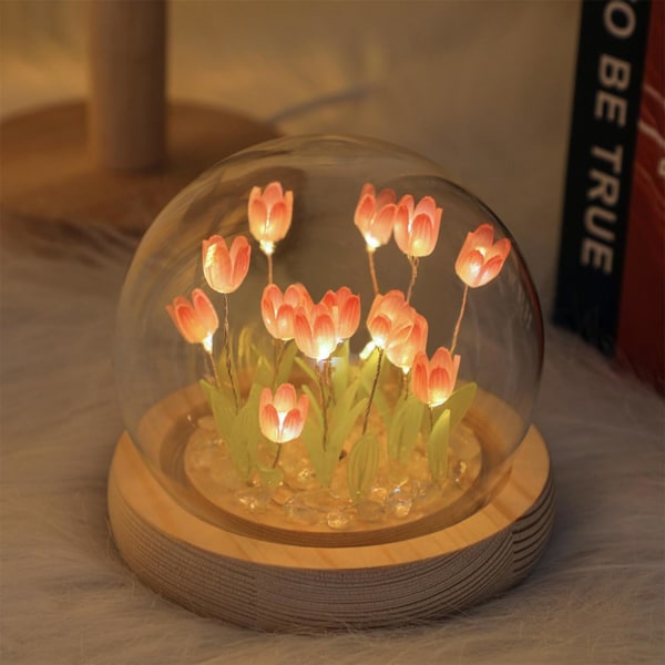LED tulpan nattlampa Batteridriven bordsskiva med 13 blommor, söt tulpanlampa, DIY heminredningslampa Vardagsrum Sovrum för present, rosa