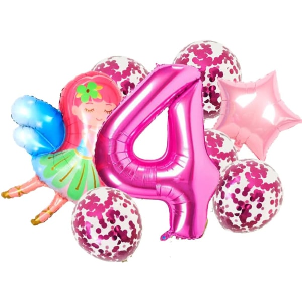 Keijun set - numero 4 ilmapallo vaaleanpunainen, keijujuhlakoristeet, keijujen syntymäpäiväjuhlien koristeet, juhlatarvikkeet 4. syntymäpäiväjuhla