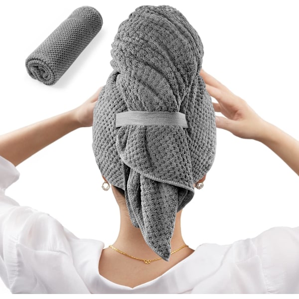 Suuri mikrokuitupyyhe naisille, anti-frizz pyyhe kuminauhalla | Erittäin imukykyinen | Speed ​​Pyyhe Gray