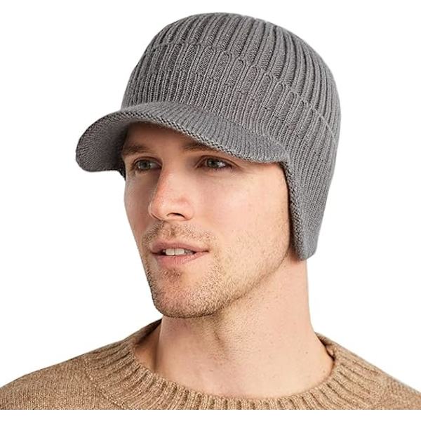 Herrar Vintermössa med Varm Foder, Herrar Stickad Fleece Mössa, Herrar Varma Vintermössor med Öronlappar för Utomhusaktiviteter, Grå