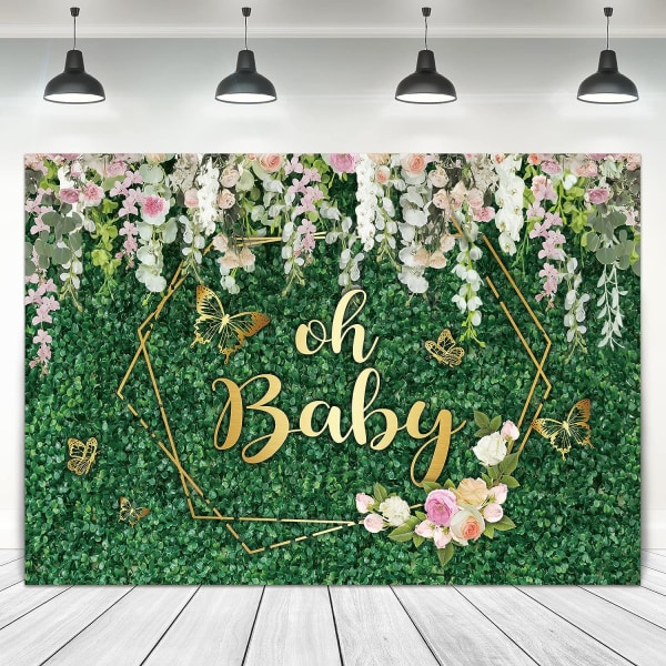 5*3 ft,Green Grass Oh Baby Backdrop 7Wx5H Feet Fabric Polyester Women Girls Greenery Leaves White