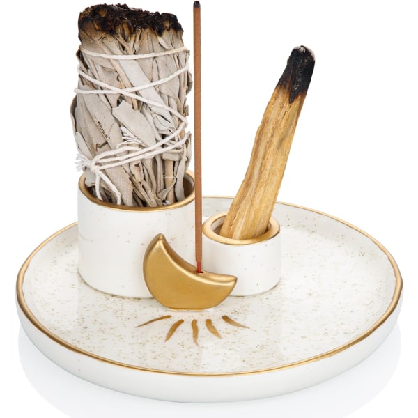 4 i 1 Rökelse och Ljusstake för att Bränna Salvia, Palo Santo - 5,9\" Keramisk Askfångare för Meditationsrum (Guld)