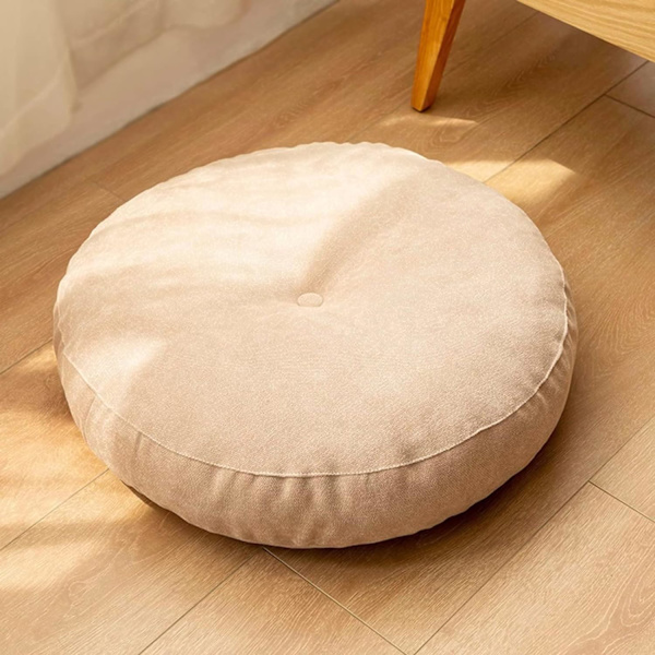 Rund golvkudde 55 cm, boosterkudde klädd i 100 % bomull extra fast tjock sittdyna vuxenstol/fåtölj/trädgårdsstol beige,C