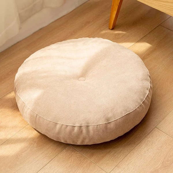 Rund gulvputer 55 cm, boosterpute dekket i 100% bomull ekstra fast tykk seteputer voksenstol/lenestol/hagestol beige,C