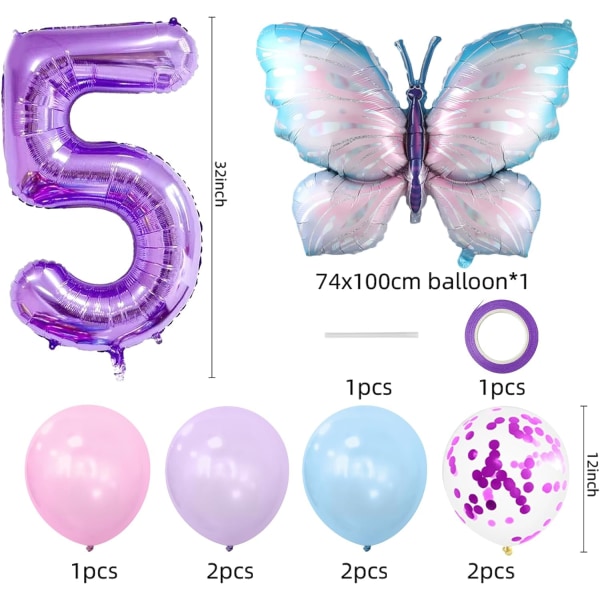 Butterfly First Fødselsdagspynt til piger, Butterfly Fødselsdagspynt, 9 stk. Nummer 1 Sommerfugleballoner Butterfly Decor(fem)