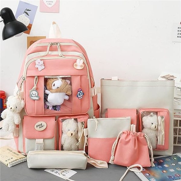 Kawaii Ryggsäcksset 5 Set Estetiska skolväskor söt set med hängande lunchväska, case, handväska, myntväska-rosa
