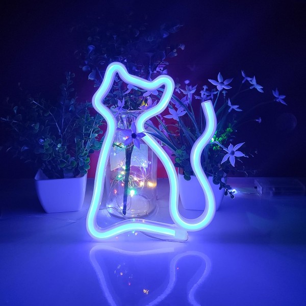Katte neonskilte, USB- eller 3-AA batteridrevet neonlys, LED-lys Borddekoration, Vægindretning til pigeværelser, Fødselsdagsgave til børn (blå)