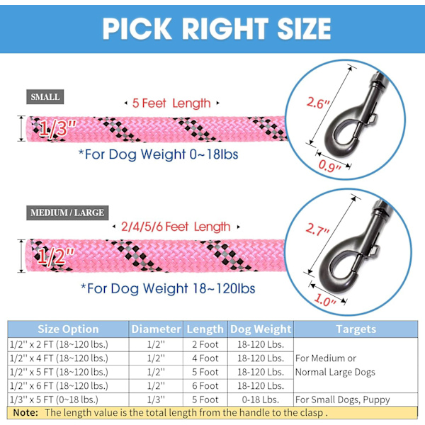 Hundehalsbånd med komfortabelt polstret håndtak og svært reflekterende tråder for små, mellomstore og store hunder (5FT-1/2'', rosa)