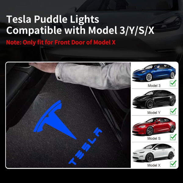 Tesla Door Lights Logo Projektor, Ultra-lyse Tesla Puddle Lights med værktøj, Never Fade HD Welcome Step Lights, Plug & Play (4 Pack/Blue）