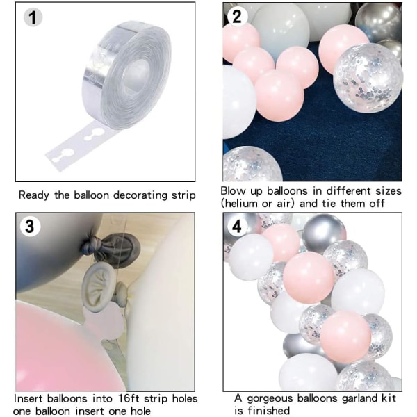 Silverrosa ballonggirlang kit, 106 st vita och silverkonfetti metalliska latexballonger båge med 16ft tejp remsa & pricklim för festdekorationer