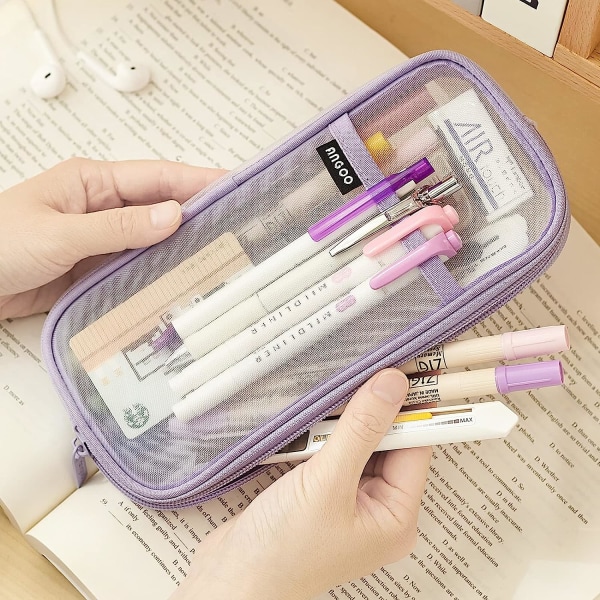 Grid Mesh Pen Pencil Case with Zipper Clear Cosmetics Bag Multi-Purpose Travel School Teen Girls Transparent Stationary Bag for Adluts( Purple)