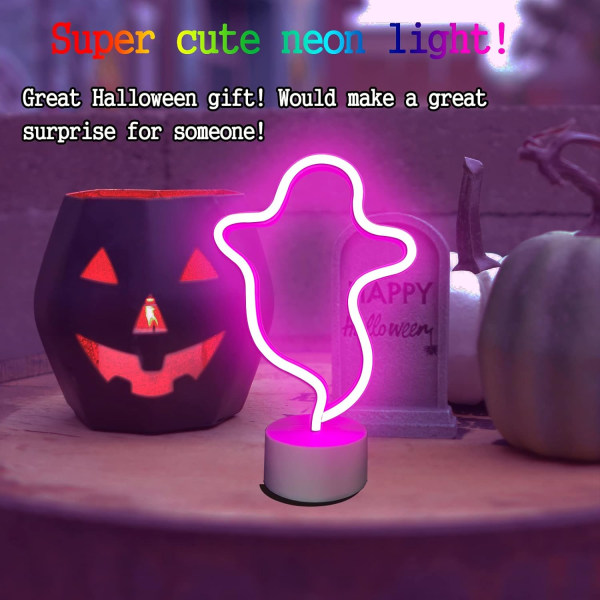 Halloween Decoration Ghost -neonkyltti jalustalla, Halloween LED Ghost -neonvalokyltti, paristolla tai USB virtalähteellä Halloween-juhliin (vaaleanpunainen)