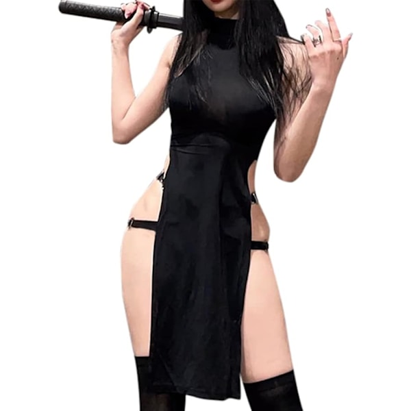 JasmyGirls Sexig Djävul Cosplay Underkläder Hög Slits Babydoll Klänning Halloween Anime Ninja Rollspelsdräkt Gotisk Hög Midja Tank Klänningar L