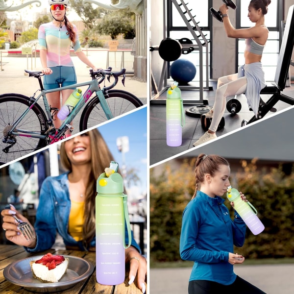 Vandflaske 1L, Sportsvandflaske med halm og tid, drikkedunk, Lækagesikker, BPA-fri til Running Gym Cykelkontor og skole
