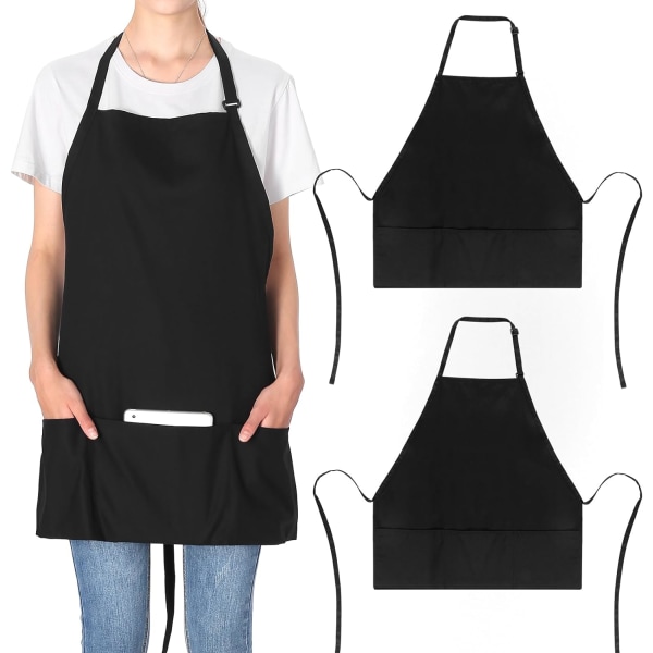 2 pakke 3 lommer justerbart smekkeforkle polyester stoff kokk kjøkkenforkle for kvinner menn, svart