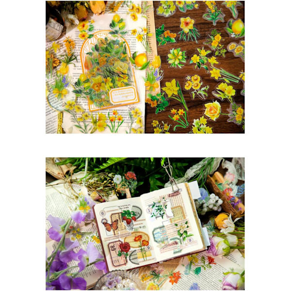 Scrapbook-klistermærker 6 pakker, 100 stk. pr. pakke til skrammelkugle-vandflasker bærbar computer, PET æstetiske deko-klistermærker Journaling-artikler-Blomstrende blomster
