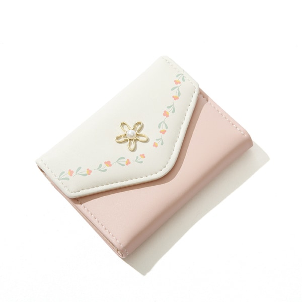 Flickor Print blommor Plånbok, liten trevikt estetisk plånbok, PU-läderväska Kontantficka Korthållare ID Fönsterplånbok för kvinnor (rosa)