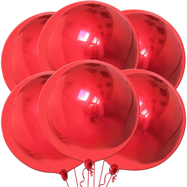 Store røde metallballonger - 22 tommer, pakke med 6 | 360 graders 4D-sfære metalliske røde ballonger for røde bursdagsdekorasjoner | Skinnende røde ballonger i metall