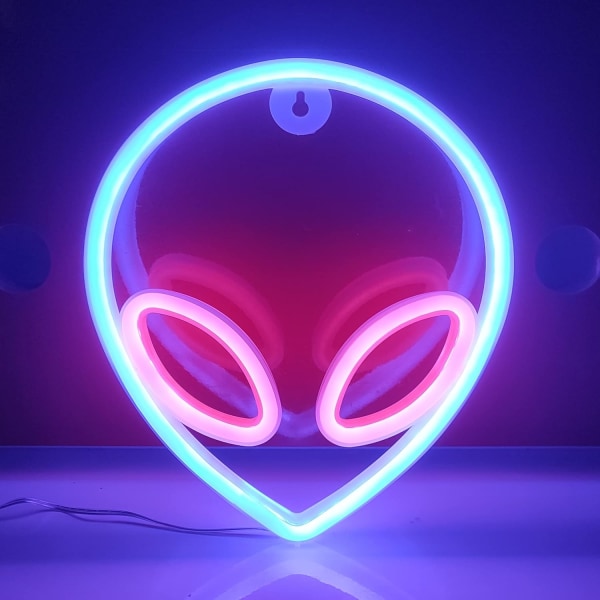 Alien Neon Skylt, USB eller 3-AA Batteridriven Neonljus, LED Bordsdekoration, Sovrumsväggdekoration, Födelsedagspresent (Blå+Rosa)