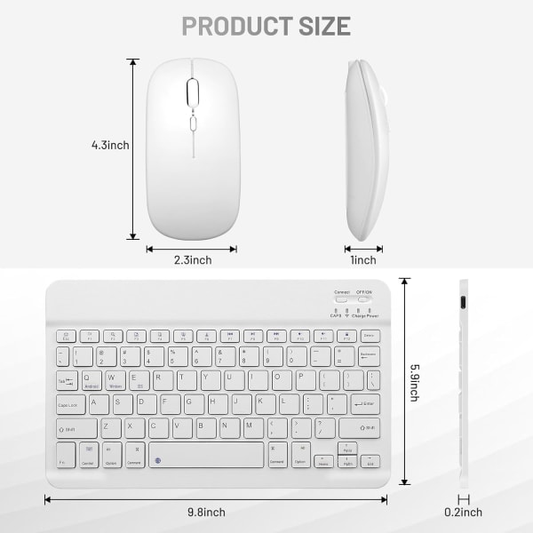 Bluetooth tangentbord och mus Combo Uppladdningsbar bärbar trådlös set för iPad Tablet Windows (10 tum Vit)