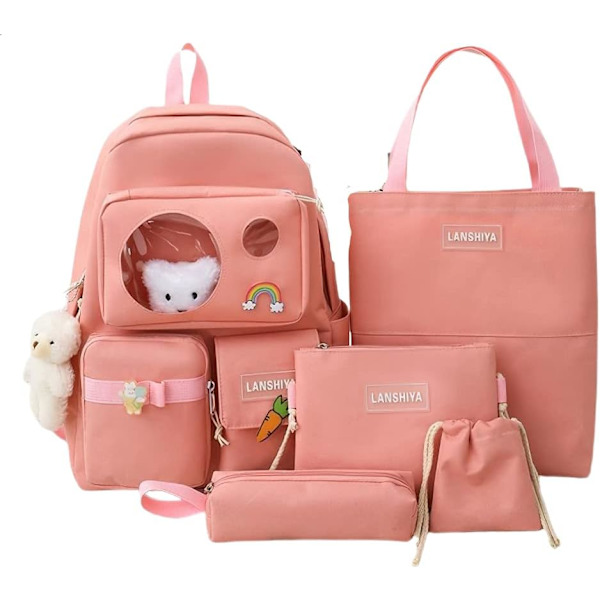 Kawaii æstetisk sød 5pcs skole tasker sæt med tilbehør skole leverandører til teenagere piger rygsæk tote taske (Pink)…