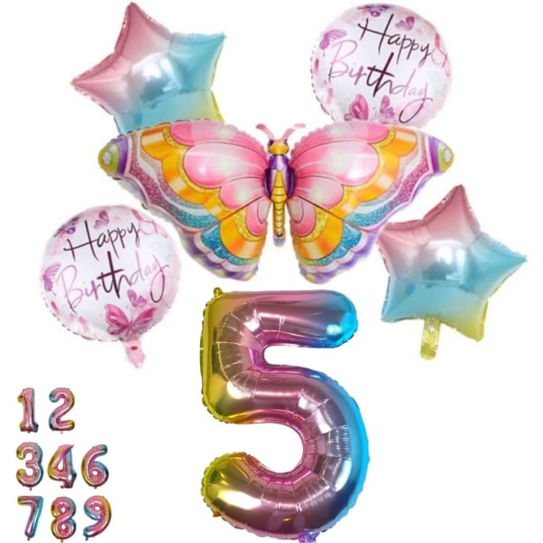 Butterfly ballong bursdagsdekorasjon 5 års sett - sommerfuglfest, nummer 5 ballong rosa regnbue, folieballongdyr Gratulerer med dagen, dekorasjoner