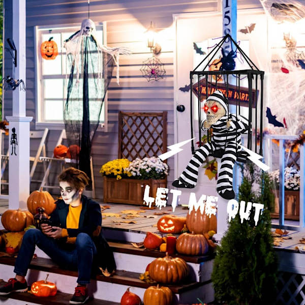 Animoidun Halloween-koriste, animoitu kallohaamu riippuva koriste-esine pelottavalla äänellä ja kosketusaktivoidulla anturilla, vanki, kummitustalo