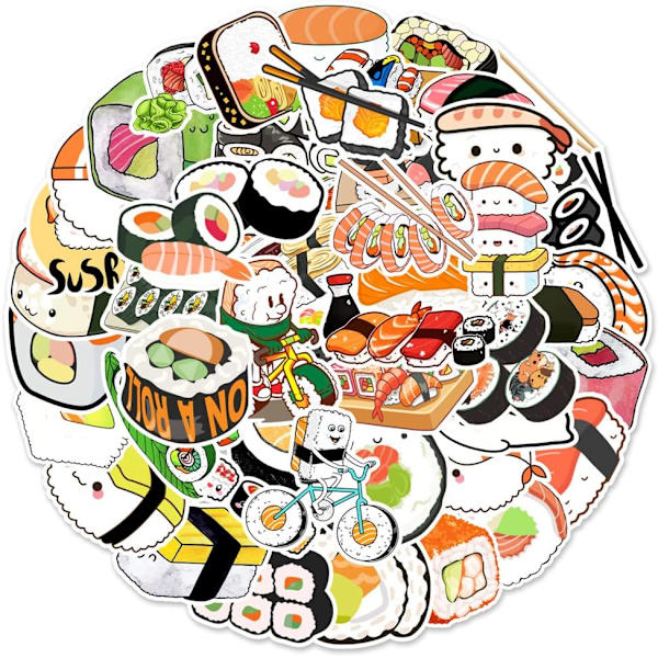 50-pakkaus sushi-tarroja rullattu riisitarra vesipullo kannettava puhelin moottoripyörä kitara skeittilauta vinyylitarra vedenpitävä tarra teini-ikäisille aikuisille