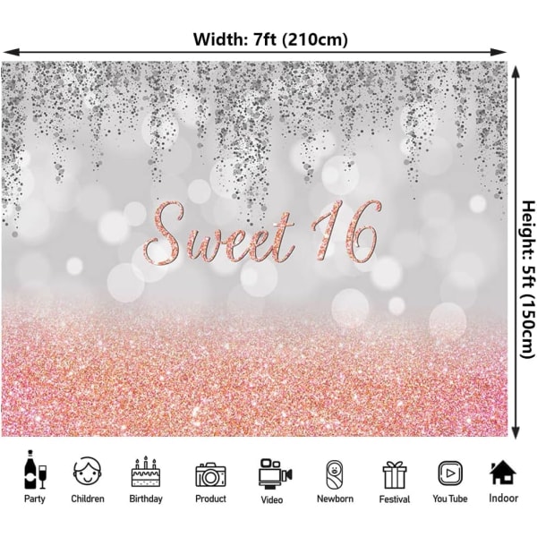 Happy Sweet 16th Birthday Banner Backdrop Decorations Rose Gold Sweet Birthday Party Sign Supplies Pink Sweet Birthday Poster Background Decor