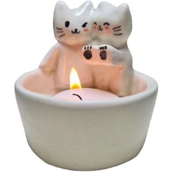 Ljusstake för par kattungar, handgjord keramisk ljusstake, tecknad kattunge som värmer sina tassar Söt ljushållare, val av kattälskare (ingår ej)