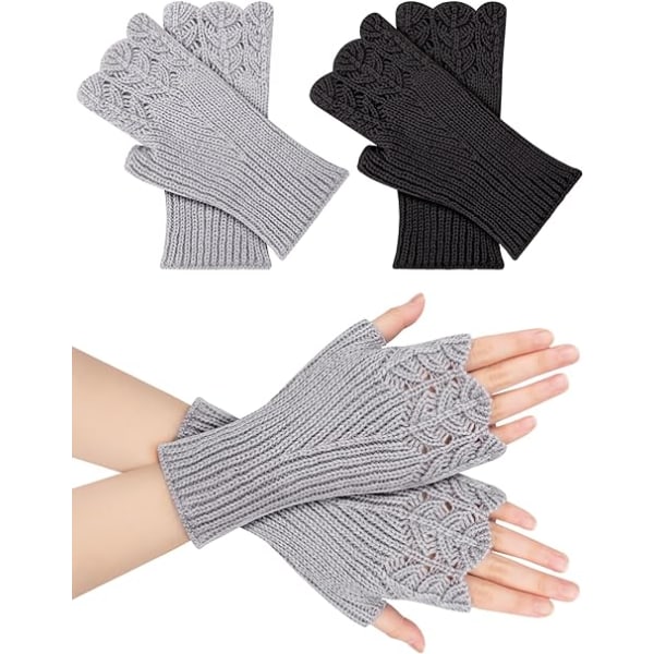 2 par vinter-fingerløse handsker, strikkede termovanter Halvfinger varme handsker håndledsvarmere handsker til kvinder mænd