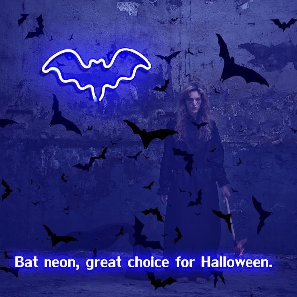 Halloween fladdermus neonskylt, väggdekor, fladdermuslampa med batteri eller USB driven för halloweenfest, bar, rumsdekor, barnpresent (blå)