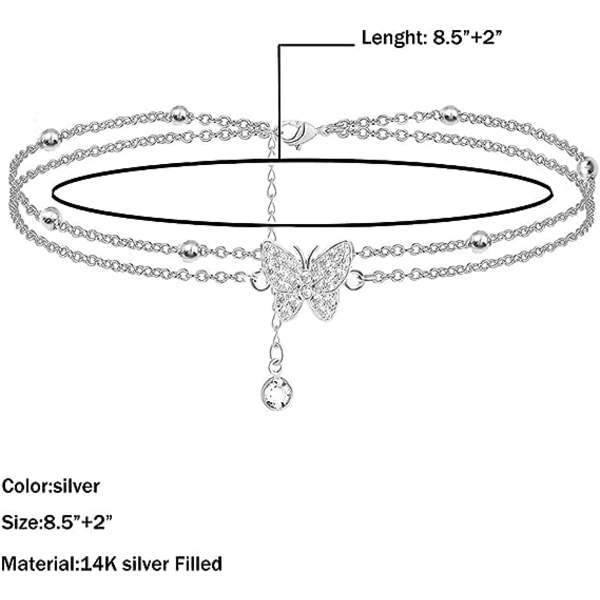 14K Sommerfugl Sølv Ankelkæder til Kvinder - Justerbar Lagdelt Dame Ankelkæder - Smykker Ankelkæde Gaver til Kvinder Teenagere Piger
