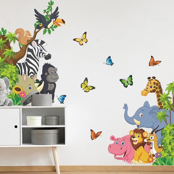 Sarjakuva Eläimet Seinätarra Viidakkoeläimet Seinätarrat Elefantti Leijona Seepra Perhoset Seinäkoristeet Lapsille Baby Tee-se-itse vinyyli seinämaalaus