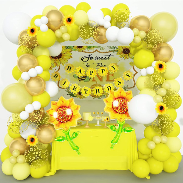 Solsikkefestdekorasjoner 140 stk, gul ballongkransbue, foliesolsikkeballonger, gratulasjonsbanner for solsikkebabydusjdekorasjoner