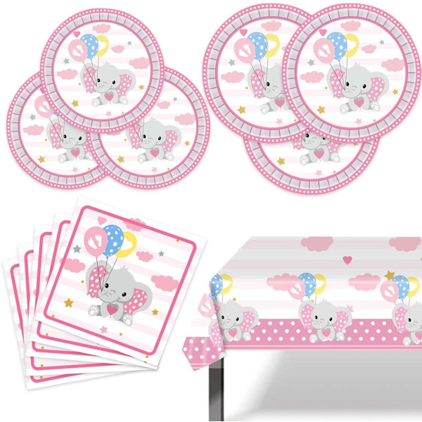 Söta rosa elefanttillbehör Elefanttema Baby Shower Bordsartiklar Set inklusive papperstallrikar, servetter och duk (rosa)