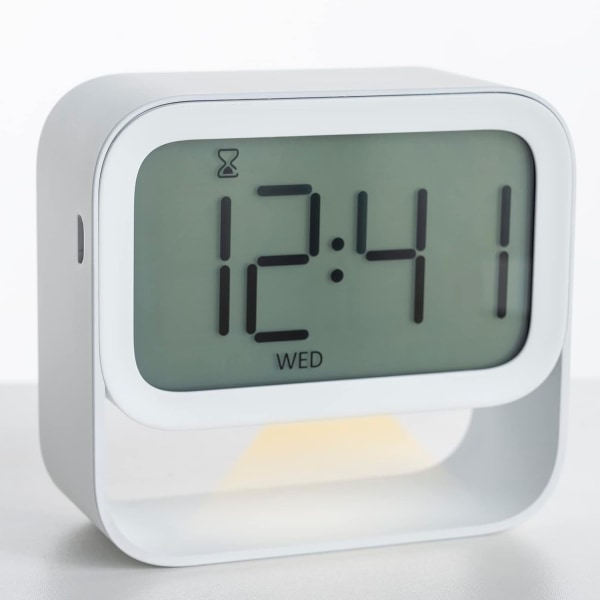 Digital väckarklocka med timer, nattlampa, reseväckarklocka, vit, liten sängklocka, batteridriven, dimbar timer, snooze-funktion
