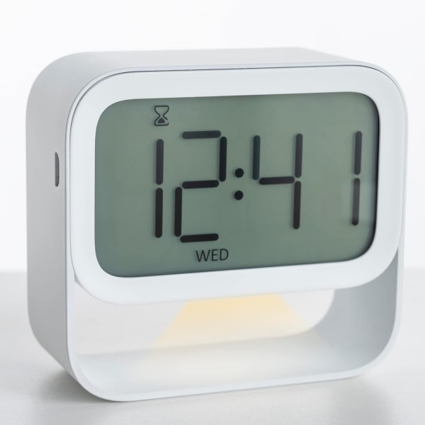Digitalt vækkeur med timer, natlys, rejsevækkeur, hvidt, små sengeure, batteridrevet, dæmpbar timer, snooze-funktion