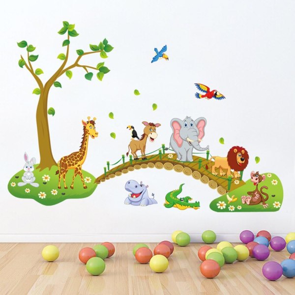 Jungle Animals Tree Wall Stickers Lion Giraffe Elephant Walking on Bridge Wall Decals Kids Room Baby Room Nursery Bedroom Wall Decor