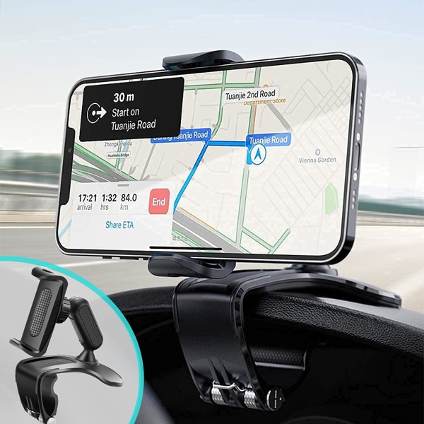 Biltelefonholder, multifunksjons bildashbord bakspeil med 360° justerbar fjærklemme, egnet for 4-7 tommers smarttelefoner