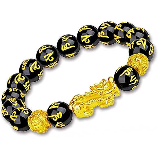 Feng Shui Sort Obsidian Wealth Armbånd, Feng Shui Pi Xiu 14mm sort håndskåret Mantra Justerbar Elastisk Perle Armbånd