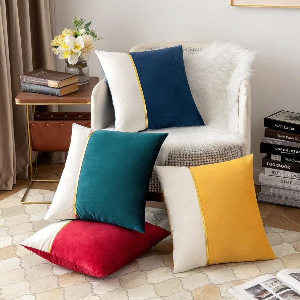 Pakke med 2 dekorative pyntepuder i fløjl med patchwork og guld læder firkantede bløde ensfarvede pudebetræk pudebetræk 18X18 tommer mørkeblå