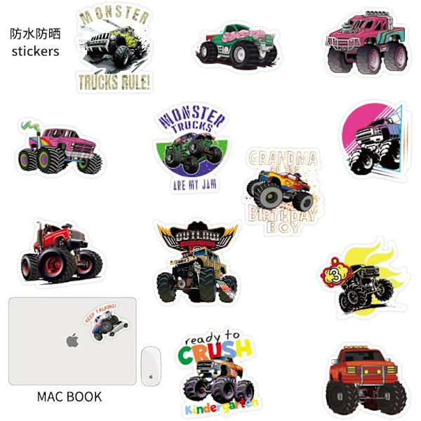Monster Truck-klistremerker, 100 stk søte klistremerker for telefondeksel, bærbar PC, vannflaske, vinyldekorasjoner, vanntette for skateboard, gitar, festutstyr