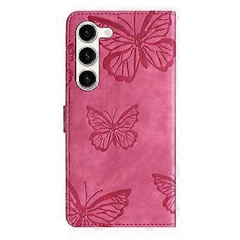 Compatible with Samsung Galaxy S23 Plus 5G Embossed Butterfly Case with Wallet and Stand Function - Pink Rose