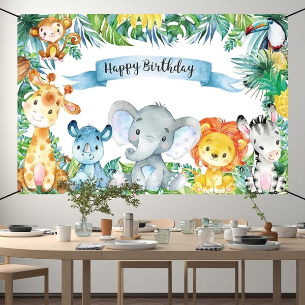 6x3,6ft Happy Birthday Banner Safari Børnefødselsdagsfest Dekoration Tropisk Jungle Vilde Dyr Børnefødselsdag Dekoration Tilbehør Fødselsdag Baggrund