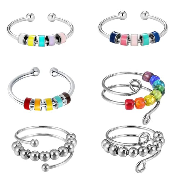 Stressring 6-pak – Justerbar Angstring & Fidget Ring til Kvinder Farverig